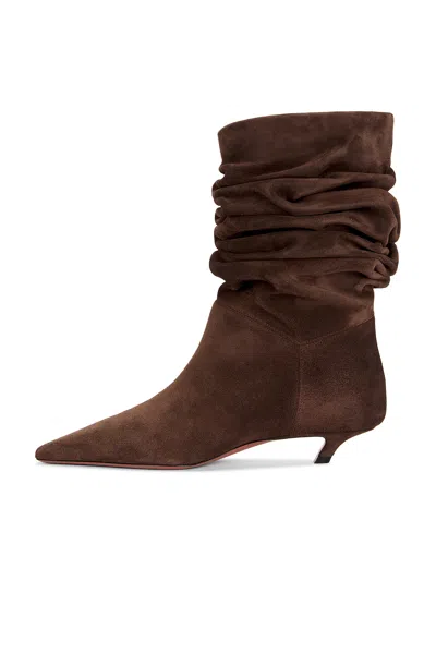 Amina Muaddi Pointed Toe Kitten Heel Slouchy Suede Boots In Brown