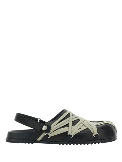 Rick Owens Men Black Mules With Oversize Decorative Laces And Buckle Closure In Leather Man In Black