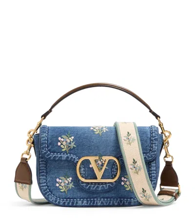 Valentino Alltime Medium Embroidered Denim Shoulder Bag With Embroidered Ribbon Strap In Blue