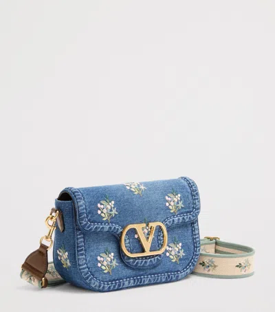 Valentino Alltime Medium Embroidered Denim Shoulder Bag With Embroidered Ribbon Strap In Blue