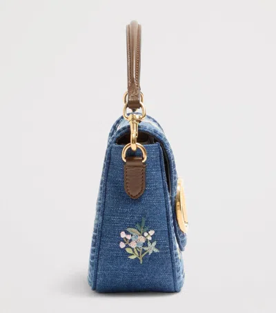 Valentino Alltime Medium Embroidered Denim Shoulder Bag With Embroidered Ribbon Strap In Blue