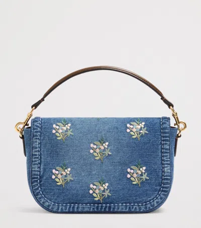 Valentino Alltime Medium Embroidered Denim Shoulder Bag With Embroidered Ribbon Strap In Blue