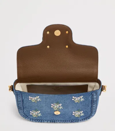 Valentino Alltime Medium Embroidered Denim Shoulder Bag With Embroidered Ribbon Strap In Blue