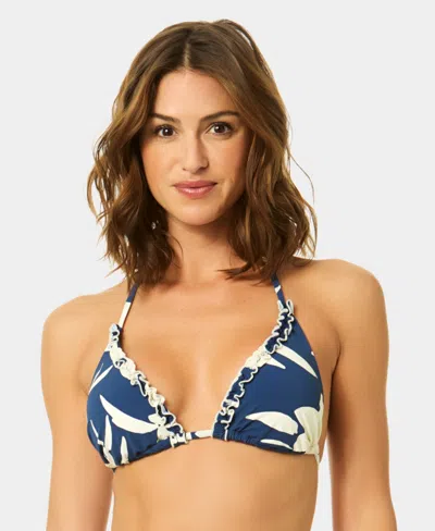 Cece Womens V Neck Contrast Ruffle Triangle Top Pull On Tie Hipster Swim Bottoms In Blue