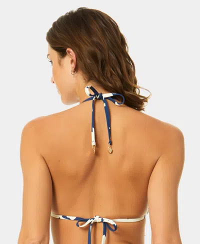 Cece Womens V Neck Contrast Ruffle Triangle Top Pull On Tie Hipster Swim Bottoms In Blue