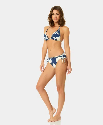 Cece Womens V Neck Contrast Ruffle Triangle Top Pull On Tie Hipster Swim Bottoms In Blue