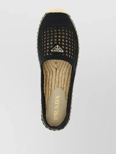 Prada Crochet Knit Espadrilles Mesh Upper Rope Sole In Black
