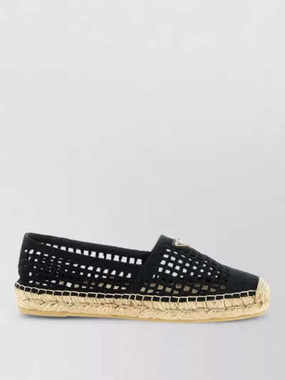 Prada Crochet Knit Espadrilles Mesh Upper Rope Sole In Black