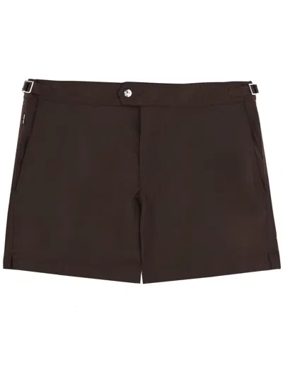 Tom Ford Polyester Flat Front Single Button Swim Shorts In Brown