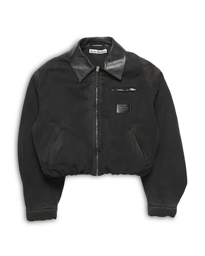 Acne Studios Appliquéd Leather-trimmed Distressed Cotton-twill Jacket In Black