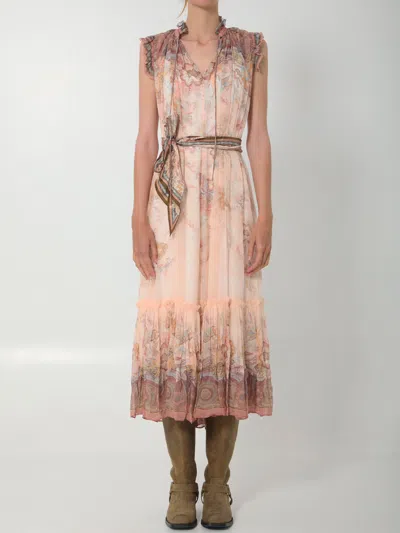 Zimmermann Alchemy Belted Paisley-print Chiffon Midi Dress In Pink