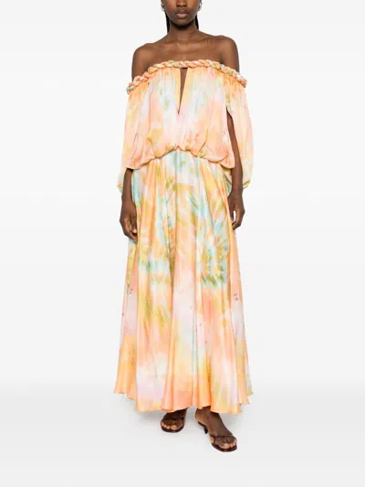 Zimmermann Luna Twist Off-the-shoulder Cutout Gathered Printed Silk-satin Maxi Dress In Multi