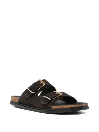 The Row Leather Dual-buckle Slide Sandals In Brown