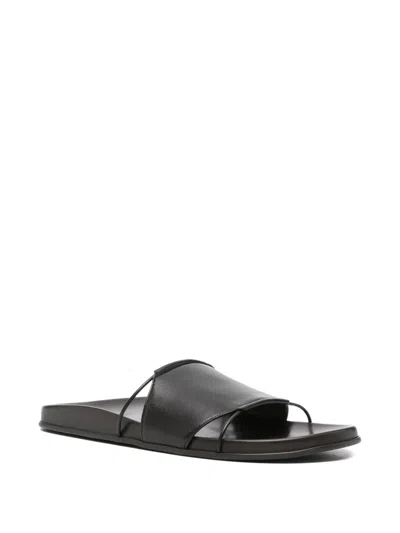 The Row Vivienne Leather Slippers Open Toe Flat Sole In Black