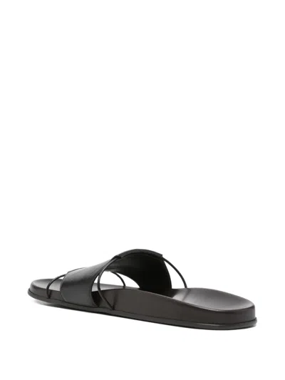 The Row Vivienne Leather Slippers Open Toe Flat Sole In Black