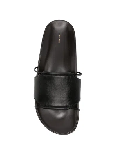 The Row Vivienne Leather Slippers Open Toe Flat Sole In Black