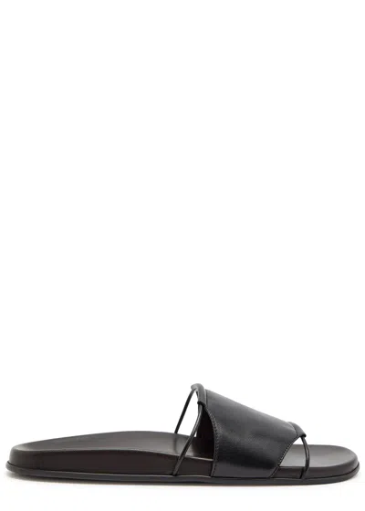 The Row Vivienne Leather Slippers Open Toe Flat Sole In Black