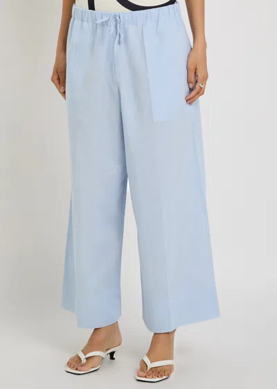 Totême Womens Sky Logo-embroidered Wide-leg Cotton And Linen Trousers In Blue