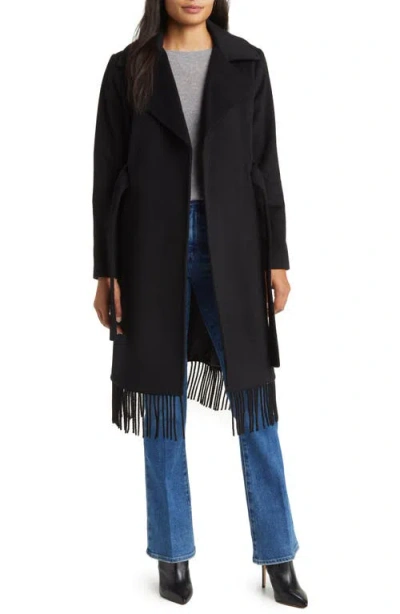 Sam Edelman Fringe Wool-blend Wrap Coat In Black