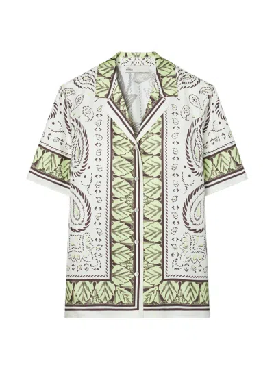 Tory Burch Silk Camp Shirt With Cockatoo Print For Women In Green
