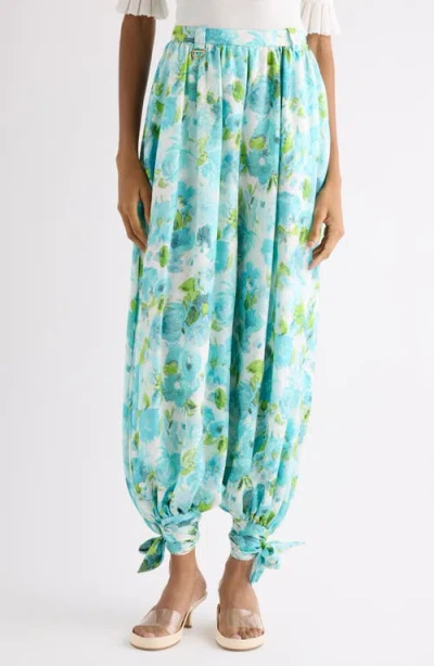 Chloé Floral-print Silk-jacquard Cropped Pants In Blue