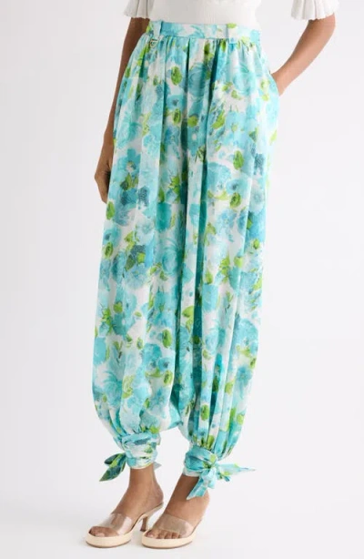 Chloé Floral-print Silk-jacquard Cropped Pants In Blue