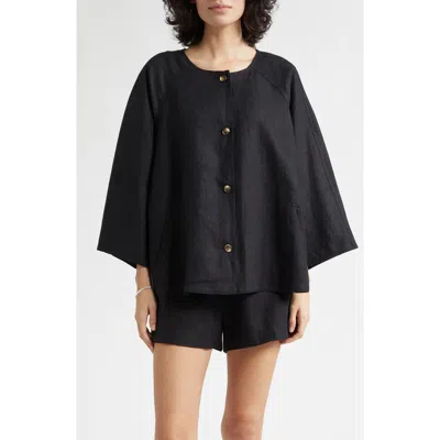 Posse Olivia Flare Linen Button-up Top In Black