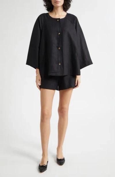 Posse Olivia Flare Linen Button-up Top In Black