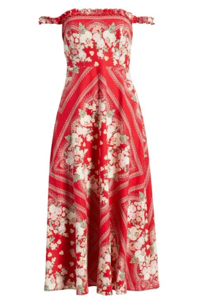Wayf Arabella Floral Linen Blend Midi Dress In Red | ModeSens