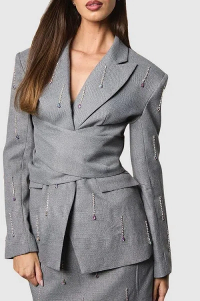 Coast Muse Check Tie Embellished Blazer In Gray