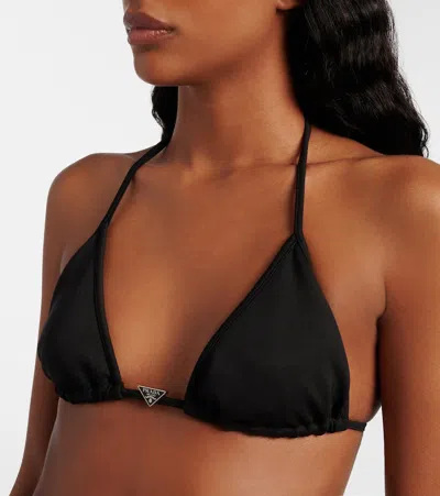 Prada Logo Triangle Bikini Top In Black
