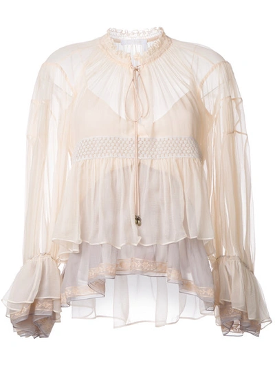 Chloé Floral Lace Trim Ruffle Silk Crépon Top In Neutrals