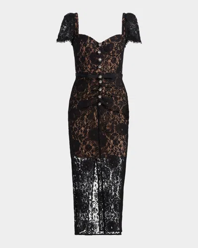 Self-portrait Belted Embellished Cotton-blend Lace Midi Dress In Black