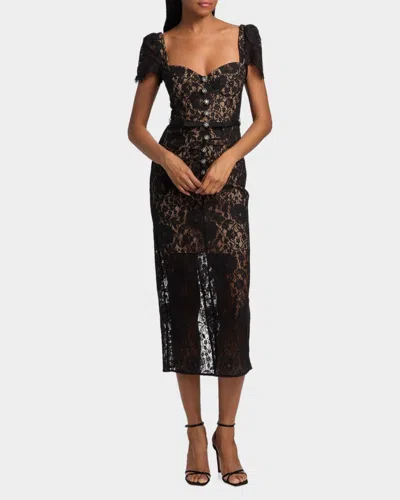 Self-portrait Belted Embellished Cotton-blend Lace Midi Dress In Black