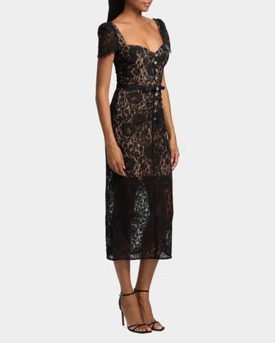 Self-portrait Belted Embellished Cotton-blend Lace Midi Dress In Black
