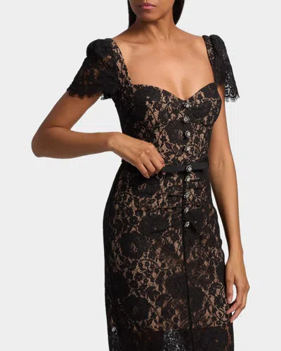Self-portrait Belted Embellished Cotton-blend Lace Midi Dress In Black