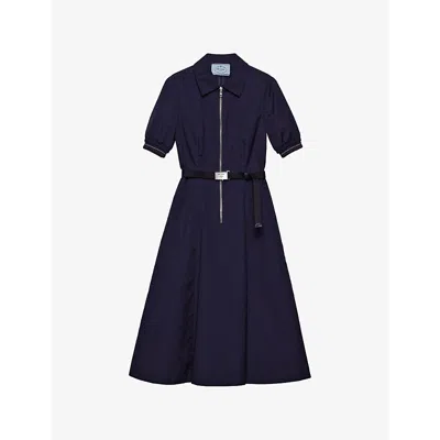 Prada Belted Midi Polo Dress With Half Zip Clothing In Blue