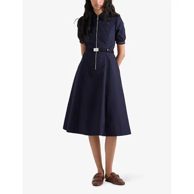 Prada Belted Midi Polo Dress With Half Zip Clothing In Blue