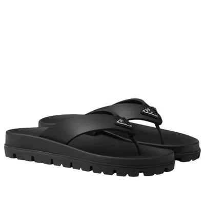 Prada Triangle Logo Rubber Thong Sandals In Black