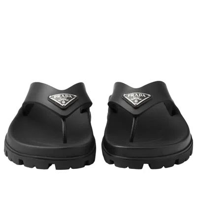 Prada Triangle Logo Rubber Thong Sandals In Black