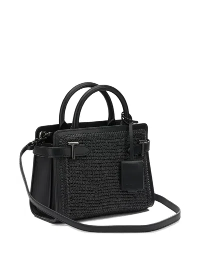 Le Tanneur Small Emilie Handbag In Raffia Effect And Smooth Leather In Black
