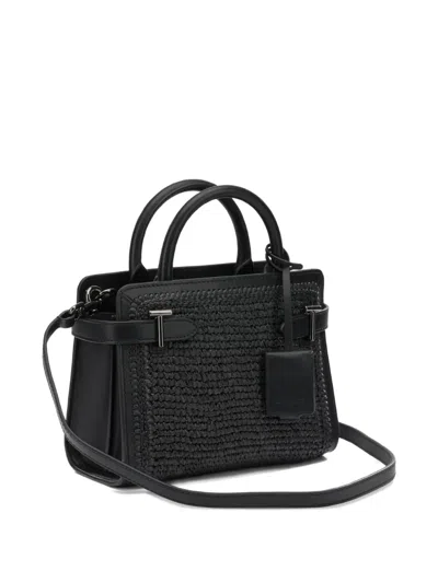 Le Tanneur Small Emilie Handbag In Raffia Effect And Smooth Leather In Black