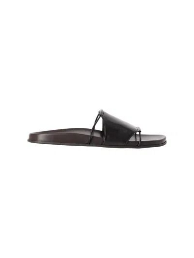 The Row Vivienne Leather Slippers Open Toe Flat Sole In Black