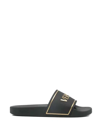 Versace Black Sandals With Logo Printed On The Front In Black