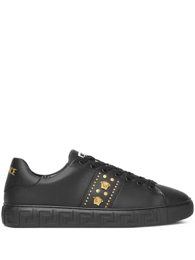 Versace Black Greca Embellished Nylon Faux-leather Sneakers In Black