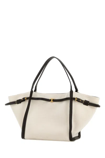 Tod's White Tote Bag With Front Leather Buckled Belt In Cotton Blend Woman