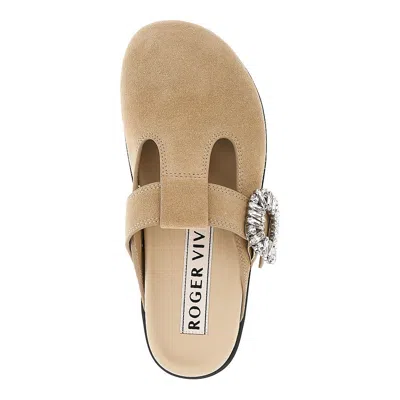 Roger Vivier Mules Round Toe Flat Sole Suede Buckle In Brown