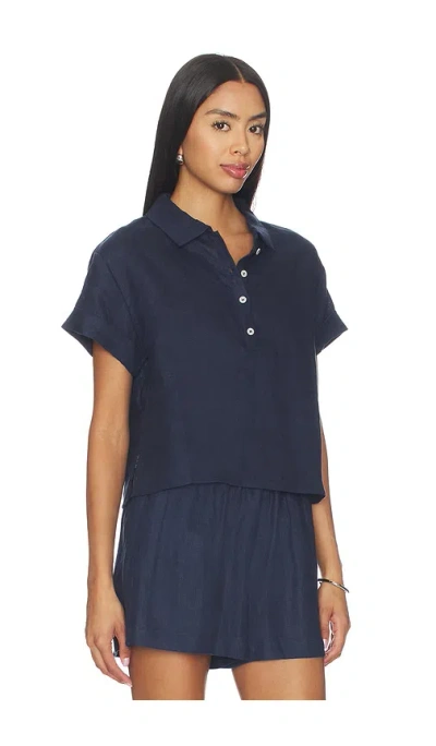 Perfectwhitetee Tabitha Linen 1/4 Button Down Collared Tee Navy In Blue