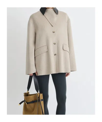 Nanushka Leather-collar Button-front Jacket In Neutral