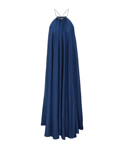 Zimmermann Aster Gathered Beaded Silk-satin Maxi Dress In Blue